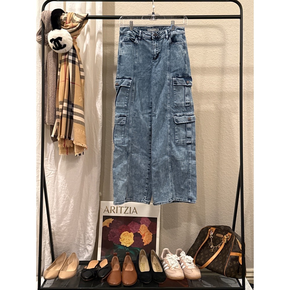 Tractr Girls Blue Acid Wash Cargo Jeans Wide Leg Utility Pants Size 16
